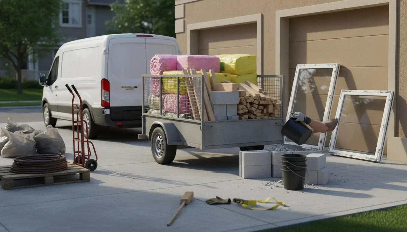 Trailer og varevogn på indkørsel med blandet byggeaffald — isoleringsposer, gasbetonblokke, træ, vinduer og spande klar til bortskaffelse.