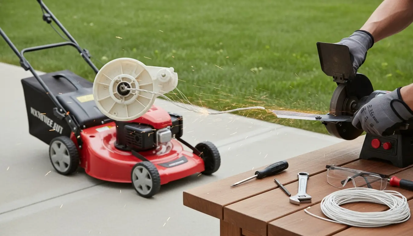 En beskadiget start-snør på en plæneklipper med værktøj og et plæneklipperblad, der bliver slebet.