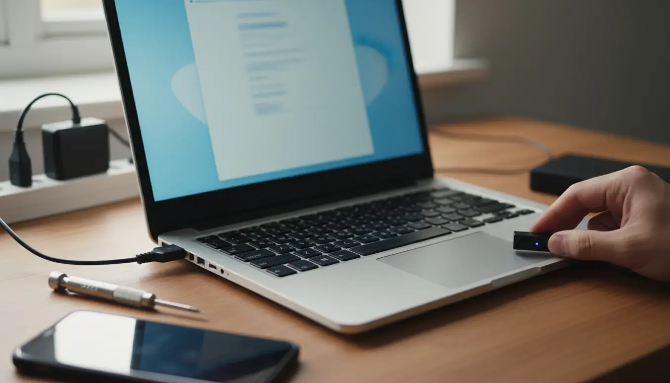 En hånd sætter en boot-USB i en brugt business-bærbar under installation af Windows 11.