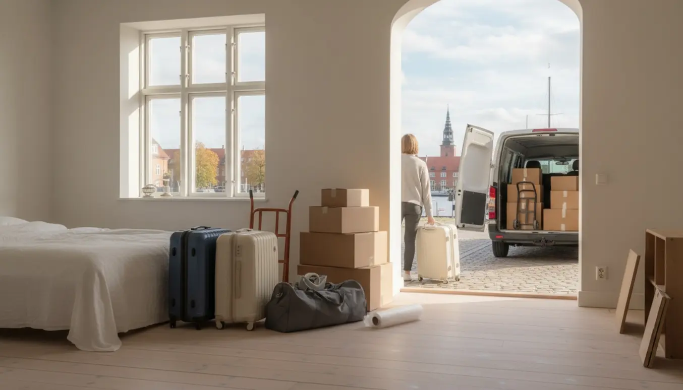 Flyttekasser og kufferter i et Risskov-studio foran en åben flyttebil med Københavns silhuet i baggrunden.