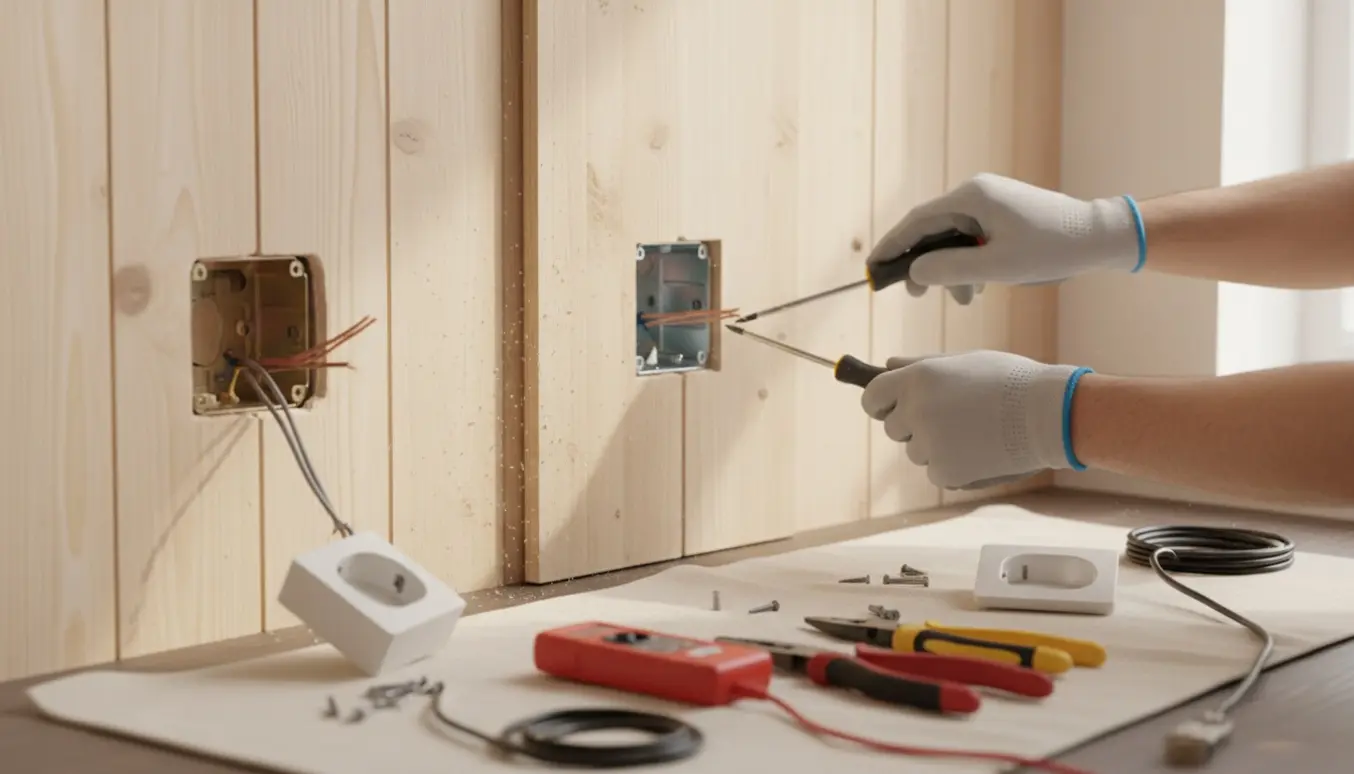Håndværkers hænder flytter en stikkontakt i en let skillevæg med træplader, med værktøj og nyt el‑materiale klar.