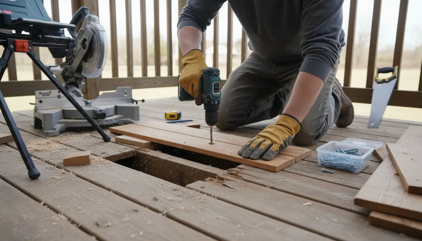 Nærbillede af udskiftning af rådne terrassebrædder med nye afkortede brædder og elværktøj.