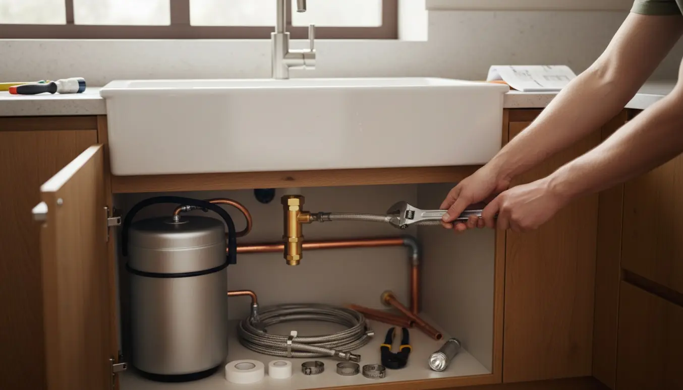 Hænder tilslutter en Quooker og opvaskermaskinens vand under et åbent køkkenvaskeskab.