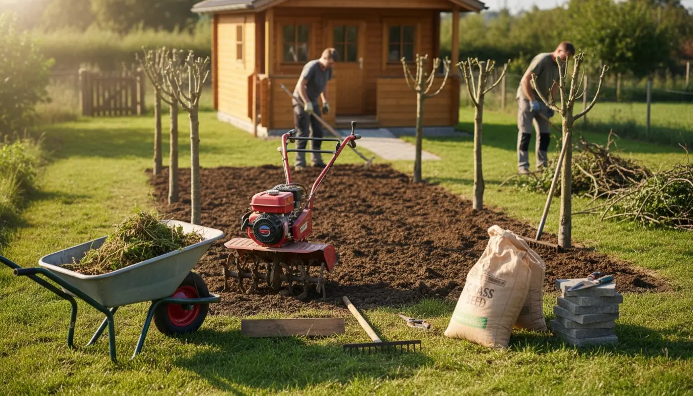 Anlæg af græsplæne ved kolonihavehus med fræset jord, redskaber og ny flisegang.