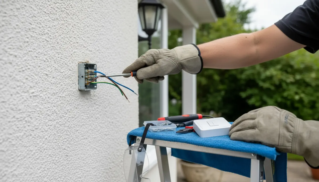 Nærbillede af udskiftning af udendørs afbryder med handsker, skruetrækker og nyt afbryder ved siden af.