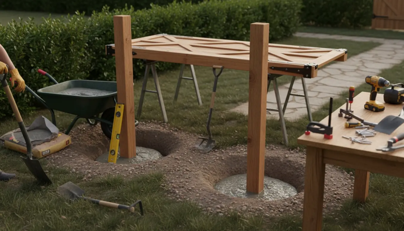 Montering af træhavelåge med stolper støbt i beton i en baghave.