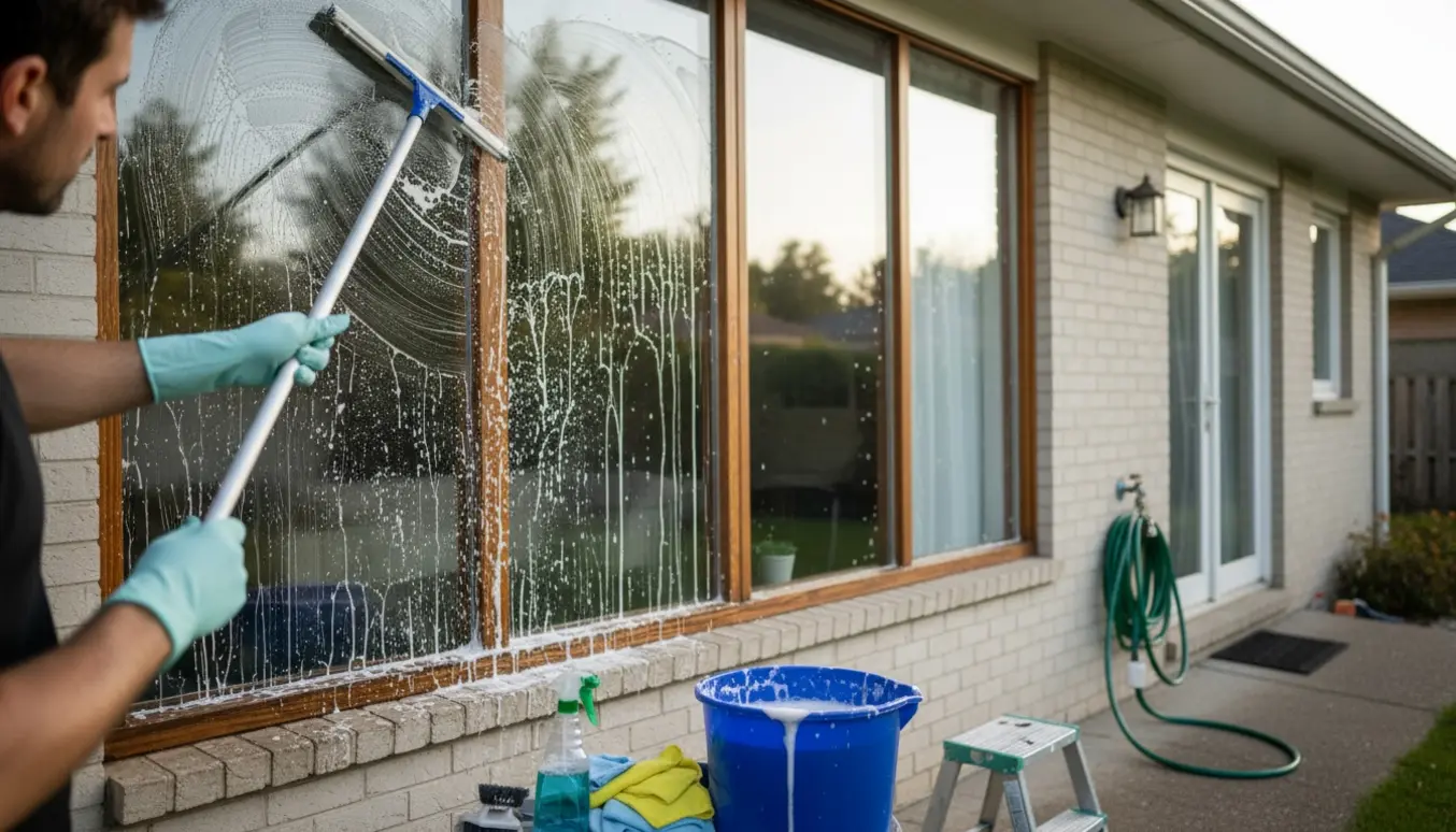 Udendørs vinduespudsning af meget beskidte vinduer og rammer på et énplans hus med spand, skraber og slange.