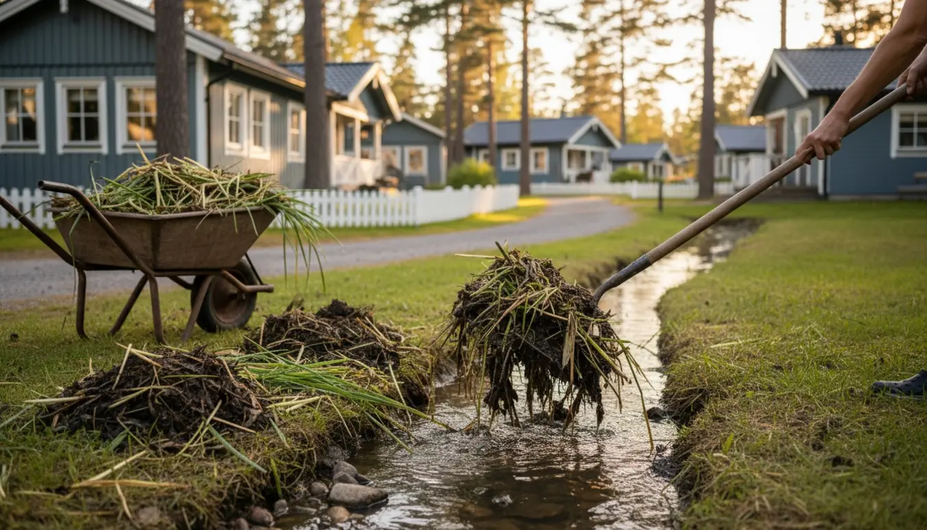 Oprensning af en smal grøft ved et sommerhusområde med spade, rive og trillebør fyldt med planteaffald.