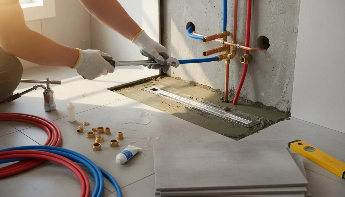 Håndværker installerer Unidrain og fører vandrør ind i væggen, nærbillede af hænder og værktøj.
