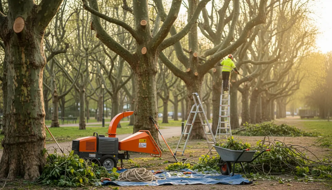 Fire platantræer og et mindre træ efter kraftig kronereduktion med bunker af afklippede grene og beskæringsværktøj.