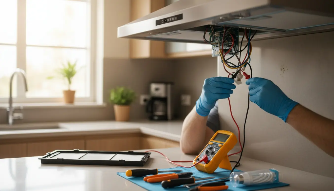 Tekniker fejlsøger en åben rustfri emhætte i et køkken med multimeter og værktøj.