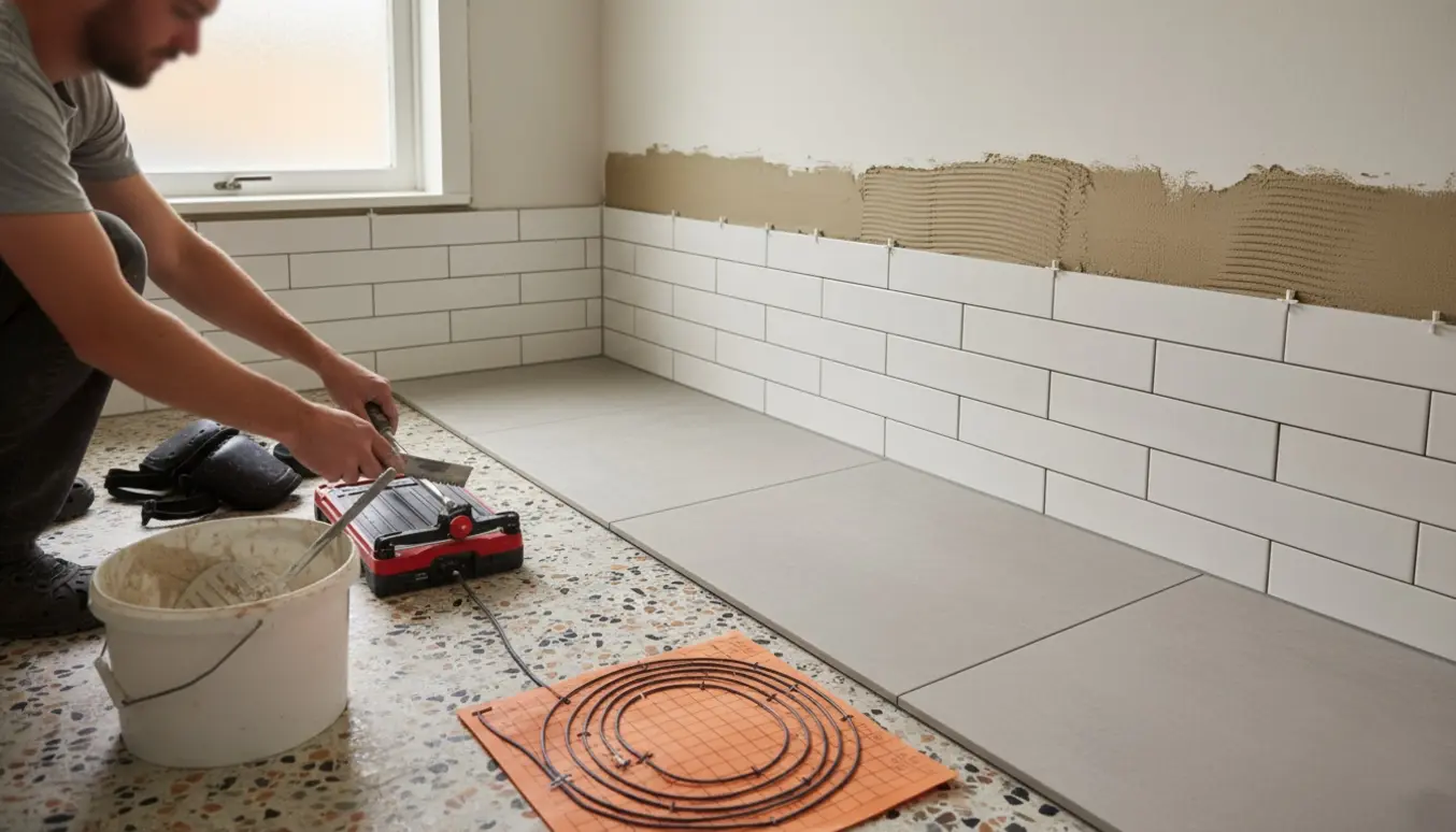 Lille badeværelse under renovering med nye fliser, synligt terrazzo og elektrisk gulvvarme klar til montering.