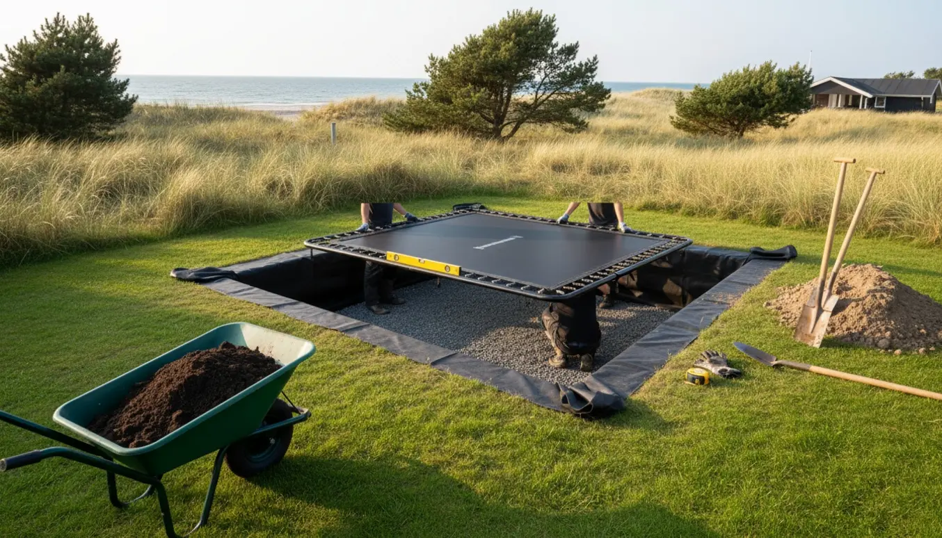 Firkantet trampolin sænkes ned i en udgravning i en kystnær have ved Dronningmølle med jord, skovle og værktøj i forgrunden.