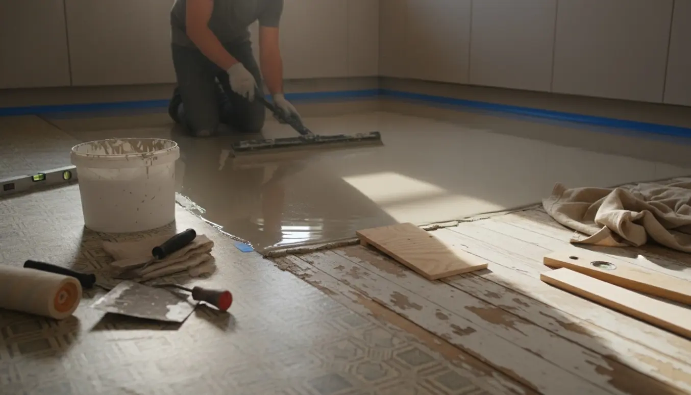 Køkken under renovering med overgang fra linoleum og malet trægulv til et nyt blankt PU-gulv og værktøj i forgrunden.