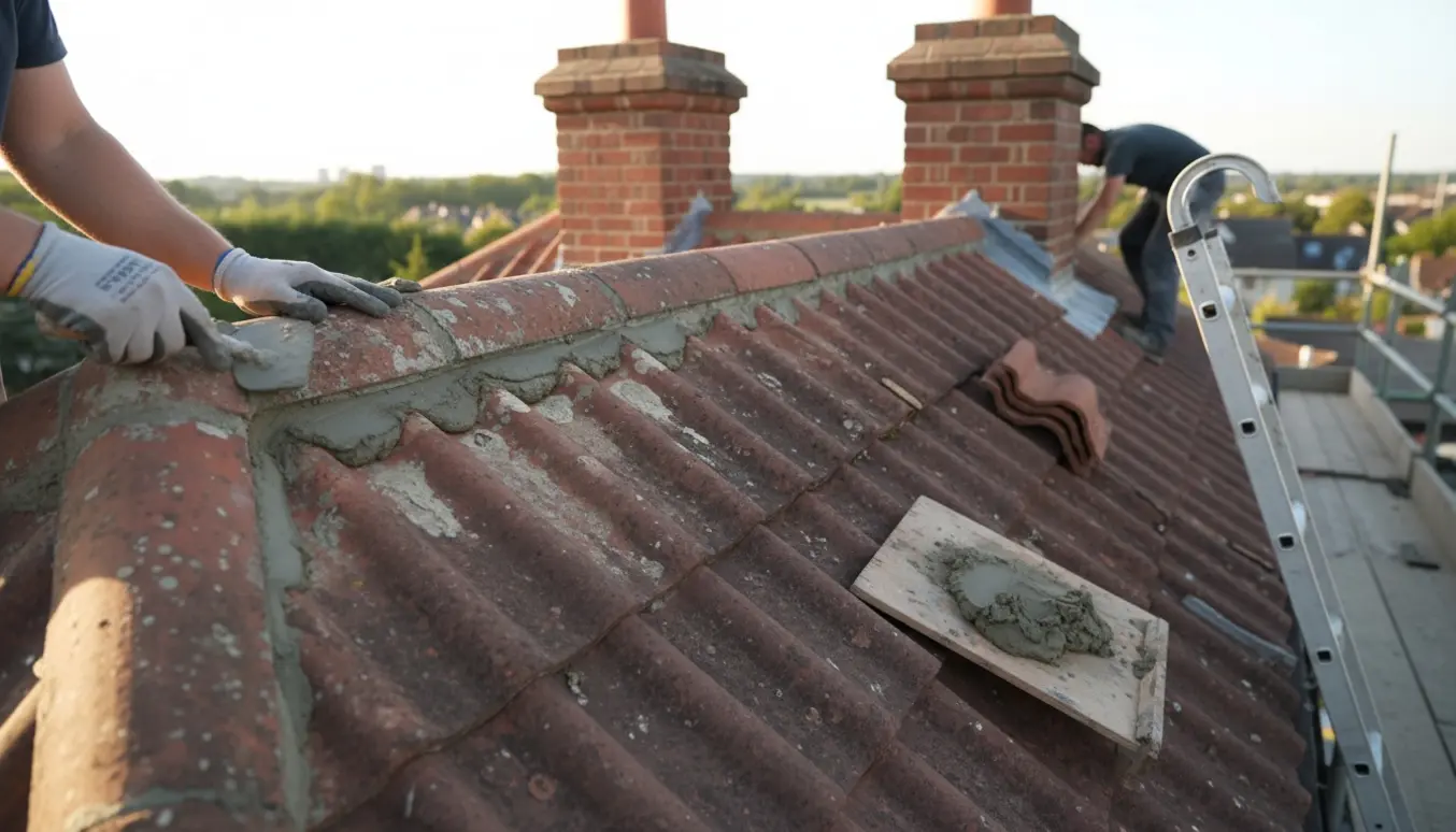 Nærbillede af hænder, der lægger frisk mørtel på en tagryg ved skorstenen med stillads i baggrunden.