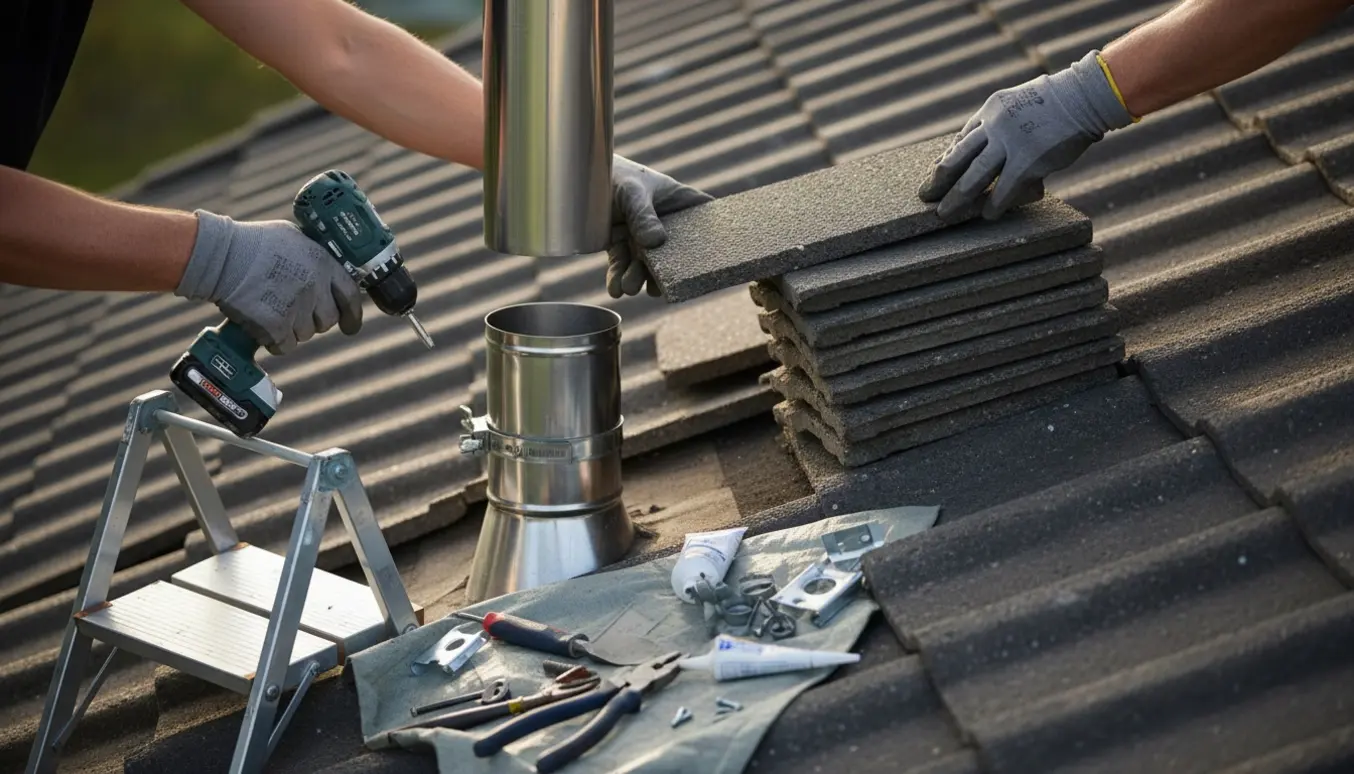 Tagarbejde med afmontering af lodret gasfyr-aftræk og genopbygning af betontegl, ekstra tegl ligger klar.