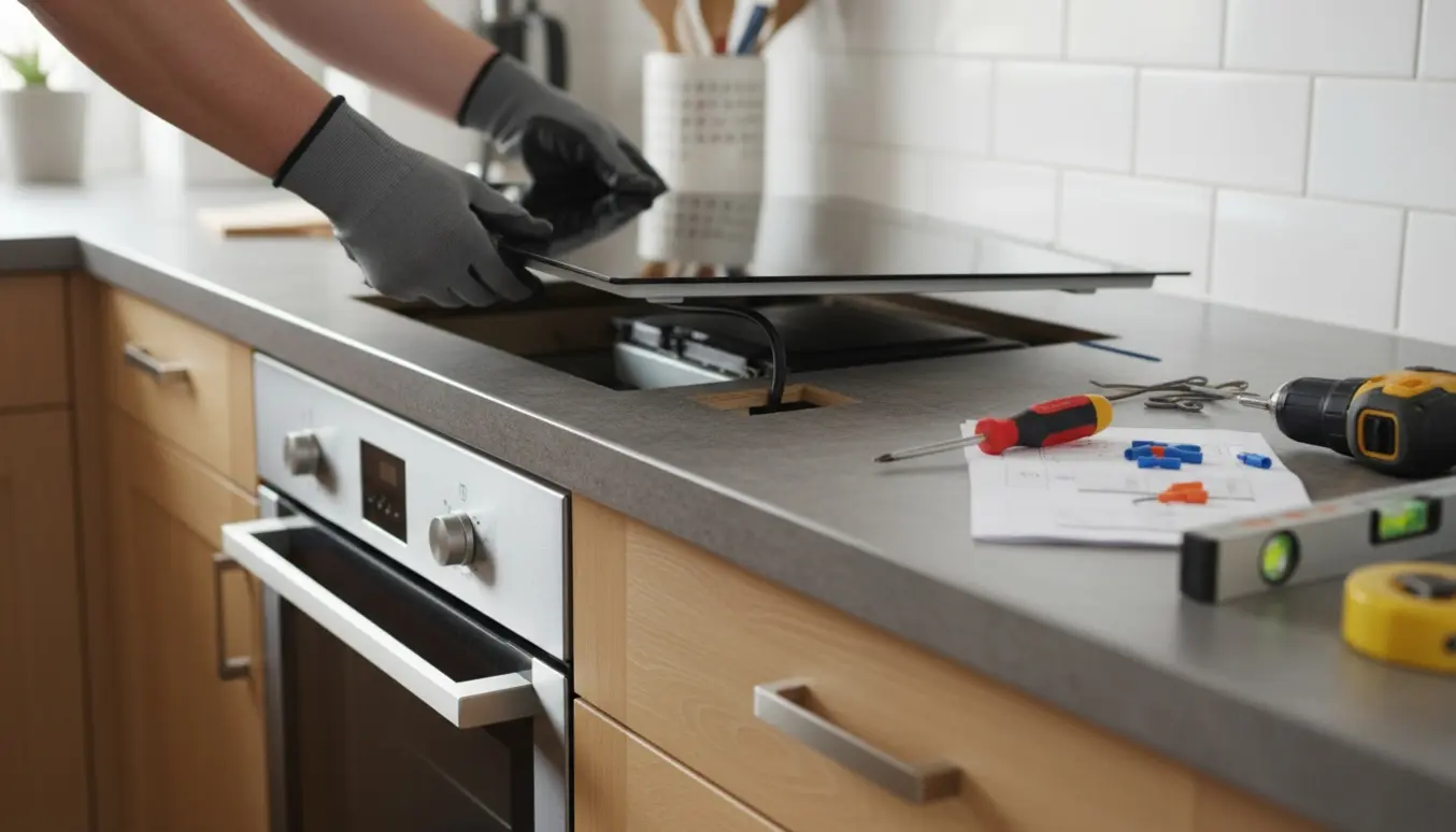 Ny sort glaskogeplade monteres over en ovn i et lyst lejlighedskøkken med hænder i handsker og værktøj på bordet.