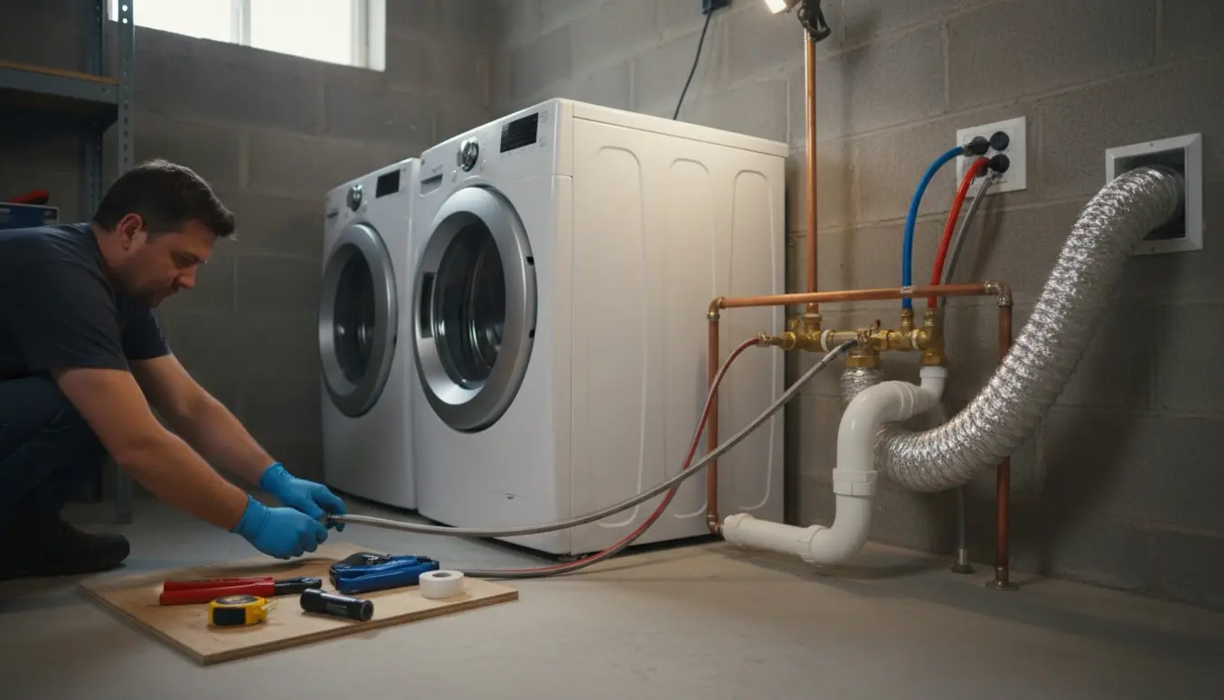 Rørinstallation til vaskemaskine og tørretumbler i et kælderrum med værktøj og nyt afløb.