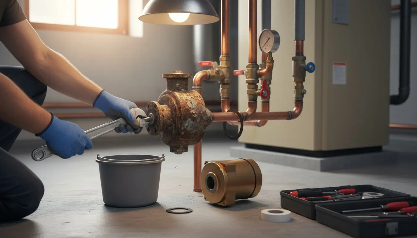 Hænder, der udskifter en cirkulationspumpe på et varmesystem i et ryddeligt kælderrum.