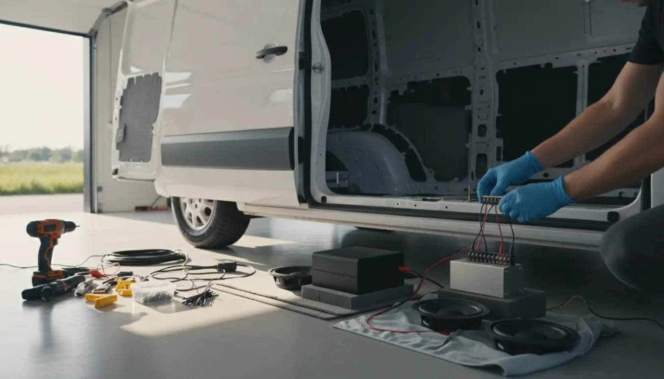 Installation af højtalere og en subwoofer i bagagerummet på en hvid varevogn i en dansk garage.