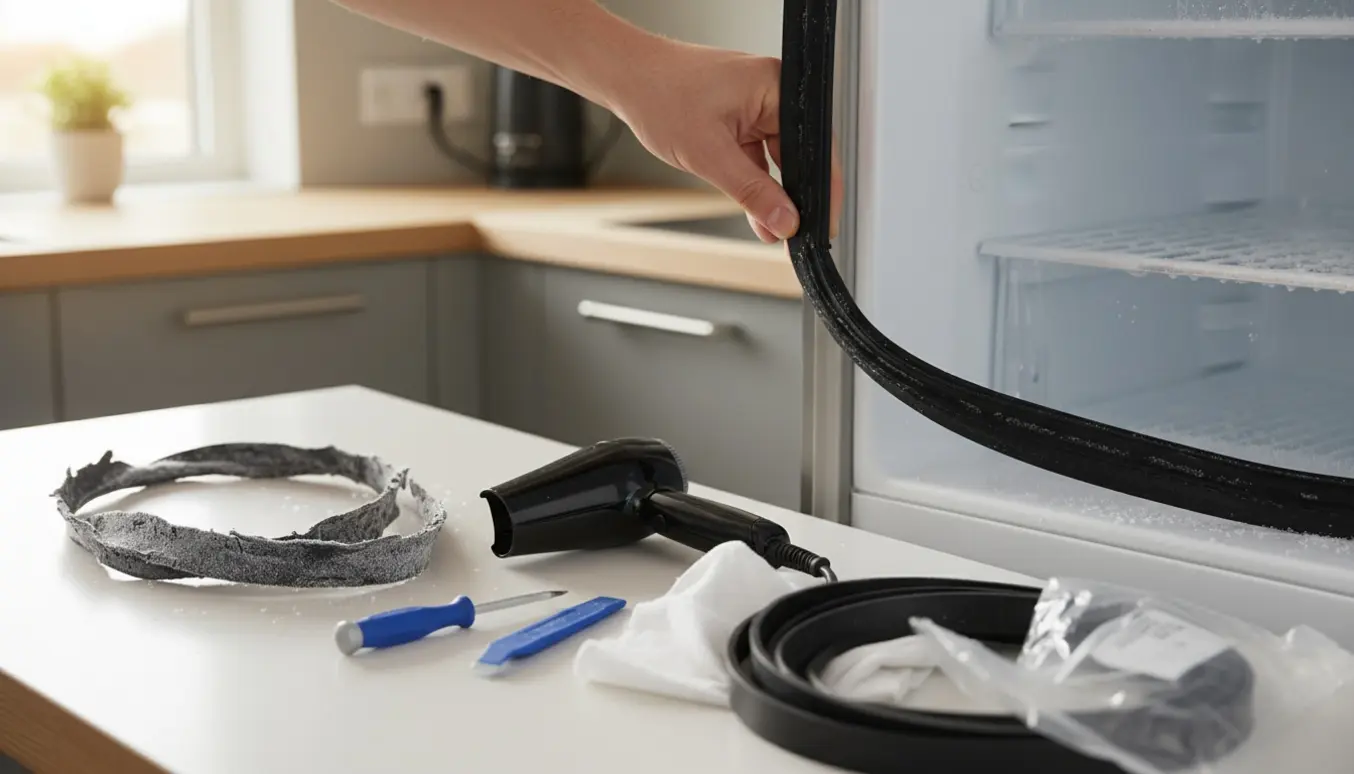 Hænder monterer ny gummiliste på en åben fryserdør med is i fryseren og værktøj på køkkenbordet.