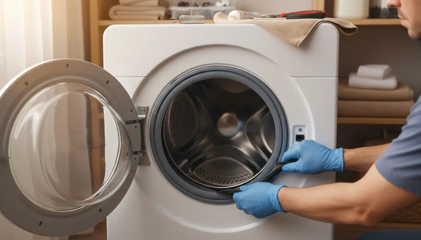 Nærbillede af hænder, der monterer en ny dørbælg i en frontbetjent vaskemaskine gennem åbningen uden aftagelig topplade.