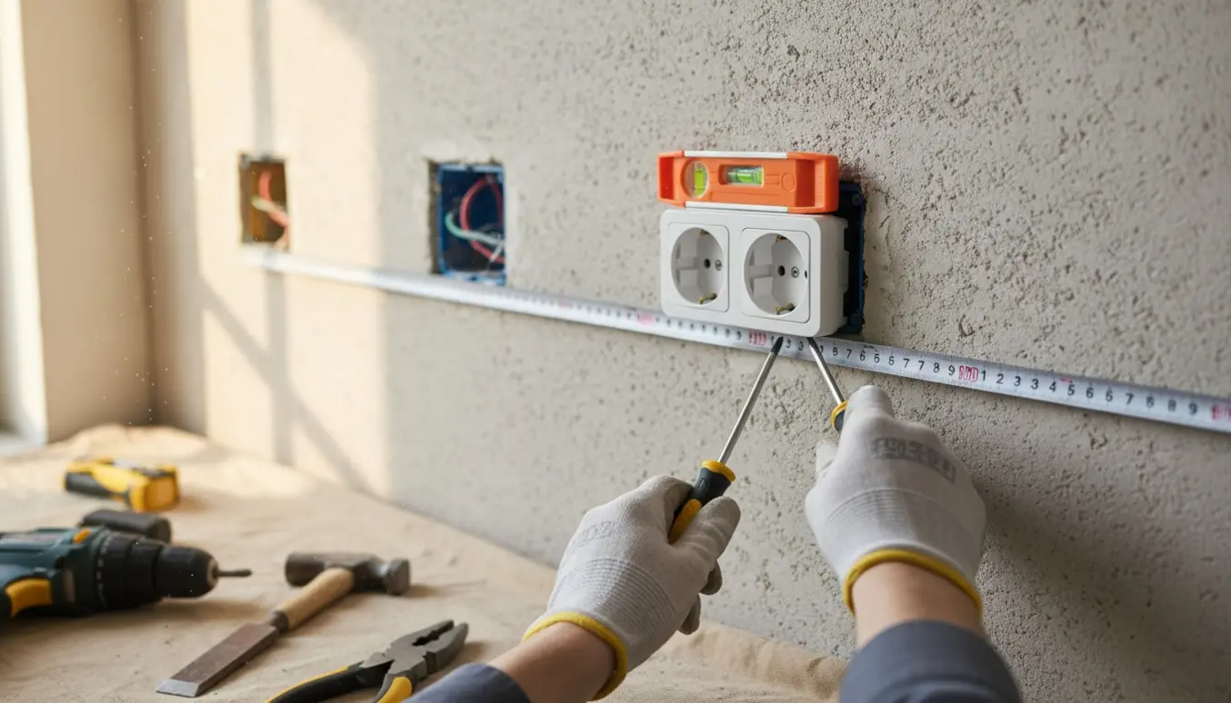 Hænder monterer en dobbeltstikkontakt i en gasbetonvæg med det gamle stik i baggrunden.