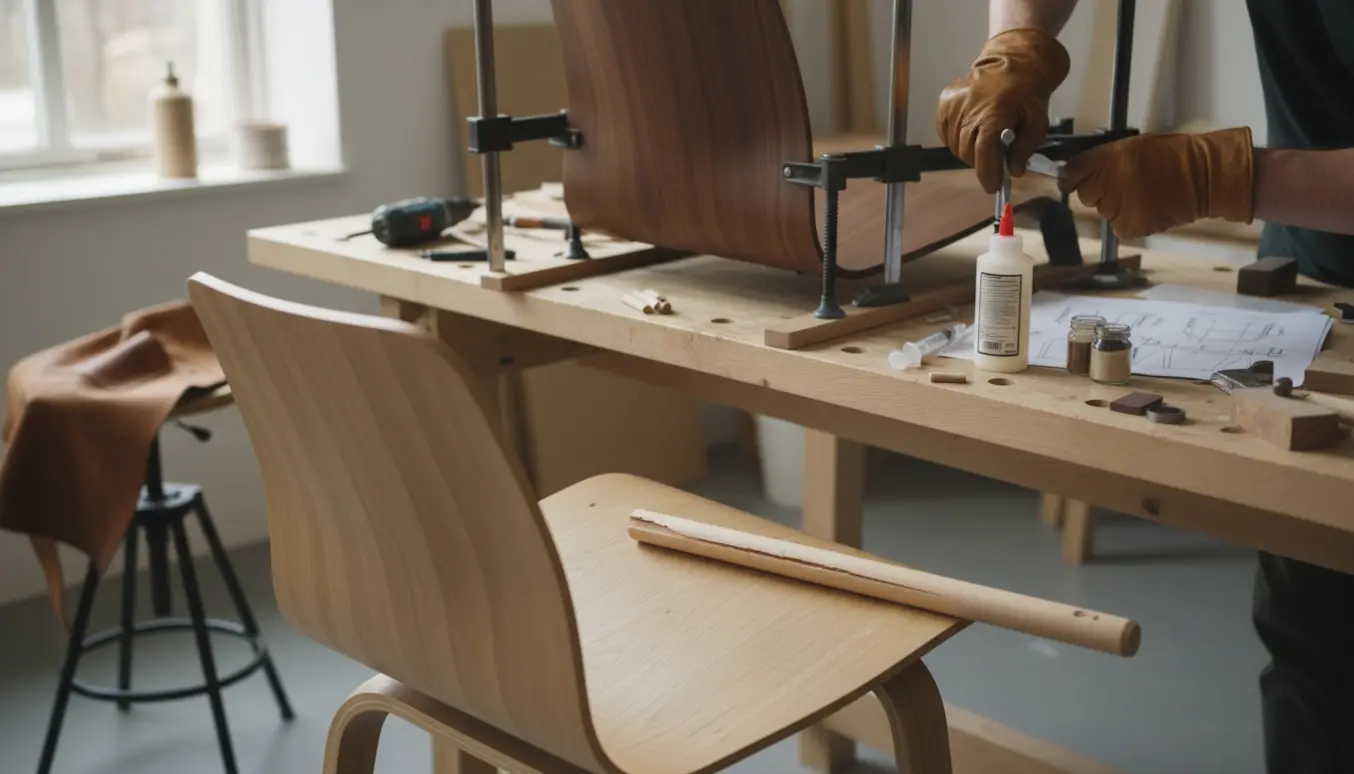 Nærbillede af reparation af to Arne Jacobsen 7'er stole på et lyst værksted med værktøj og klemmer.