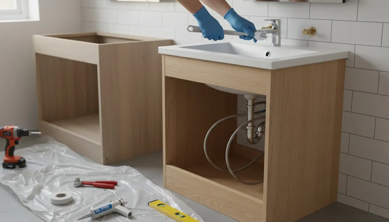 Hænder monterer et nyt badeværelsesmøbel med værktøj og synlige vandtilslutninger i et lyst badeværelse.