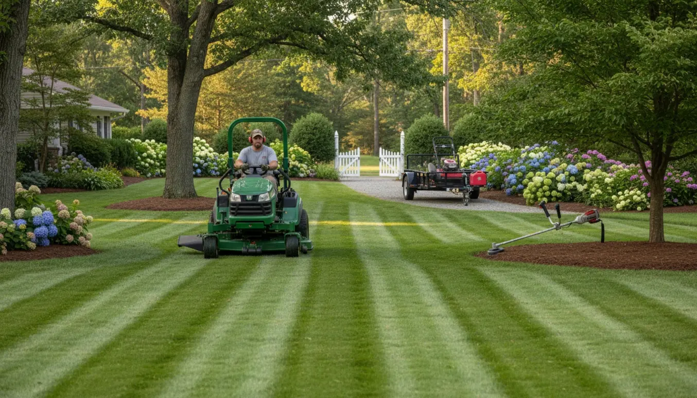 Ride-on plæneklipper laver nyslåede striber på en stor græsplæne omgivet af træer og blomsterbede.