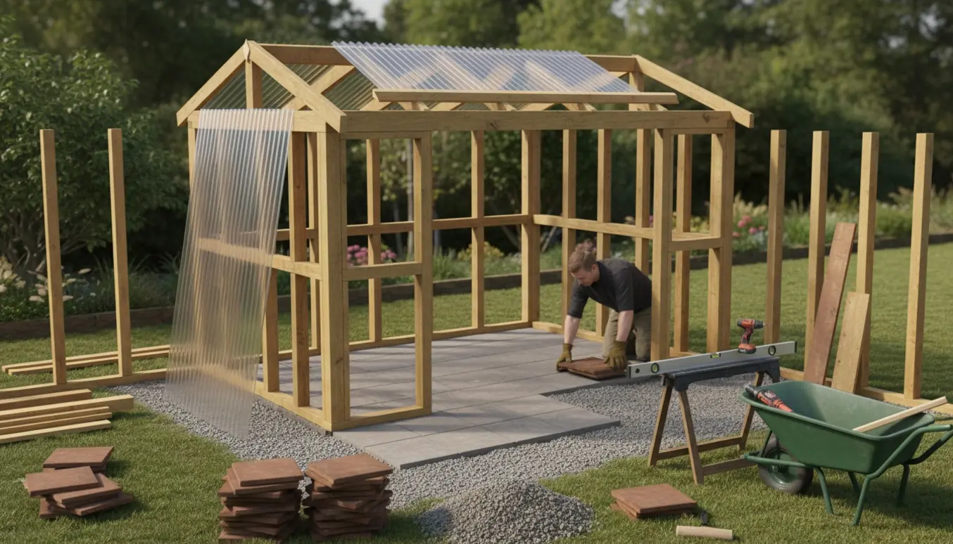 Træhaveskur under opførelse på en komprimeret grusbund med stakke af fliser og plastictag.