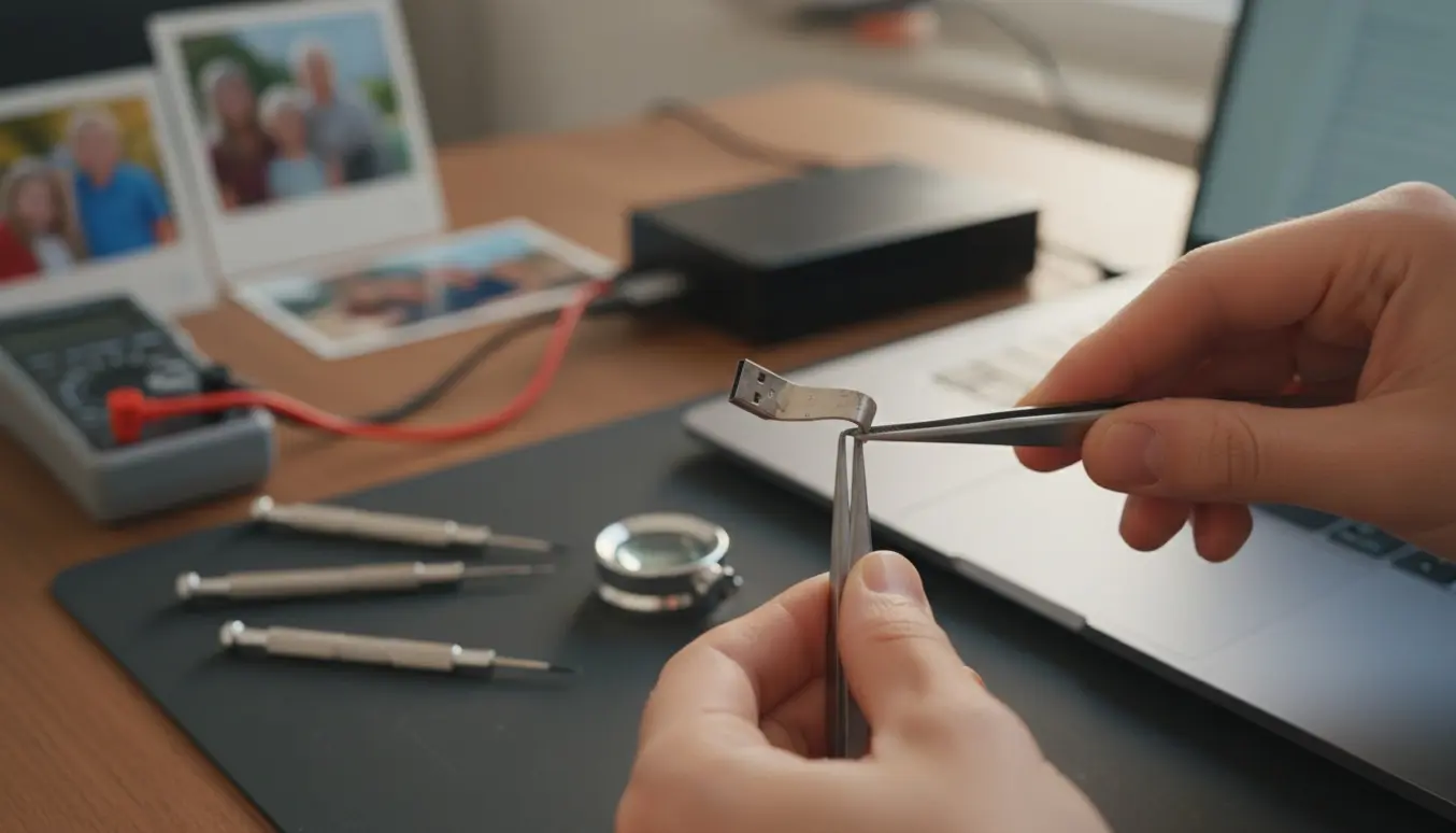 Tæt billede af en bøjet USB-nøgle holdt med pincet over en åben bærbar computer og reparationsværktøj.