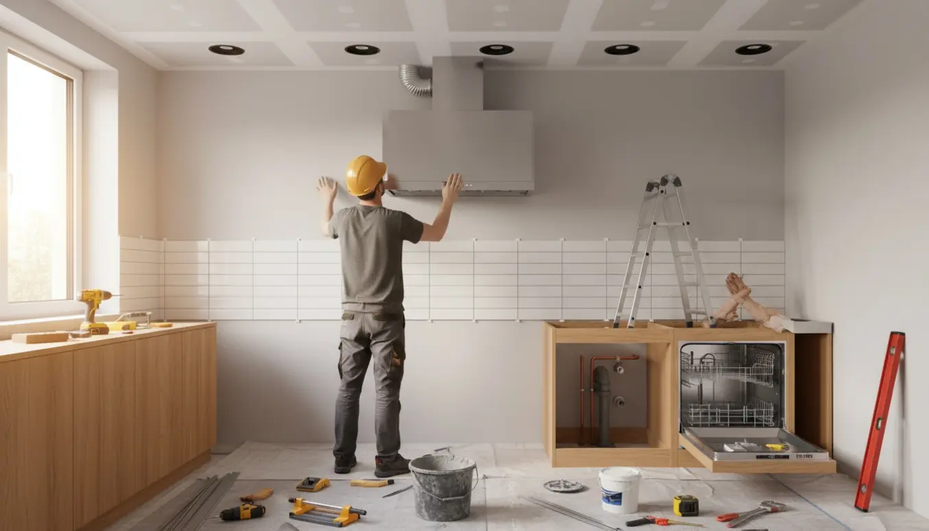 Køkken under renovering med montering af emhættekabinet, skabsmoduler, gipsloft til spots, fliser og åben opvaskemaskine til tilslutning.