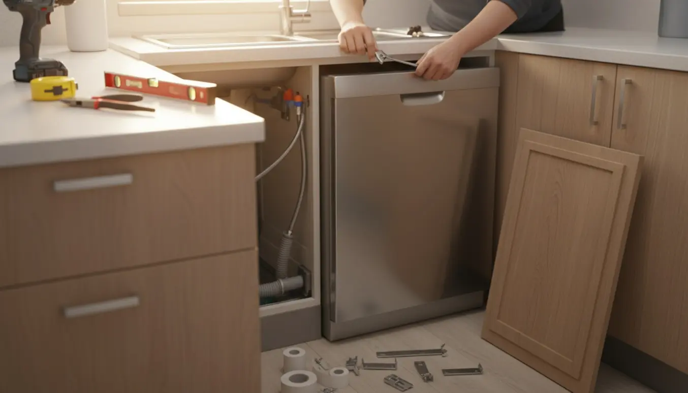 Opvaskemaskine ved siden af vasken under installation med afmonteret skabslåge og værktøj omkring.