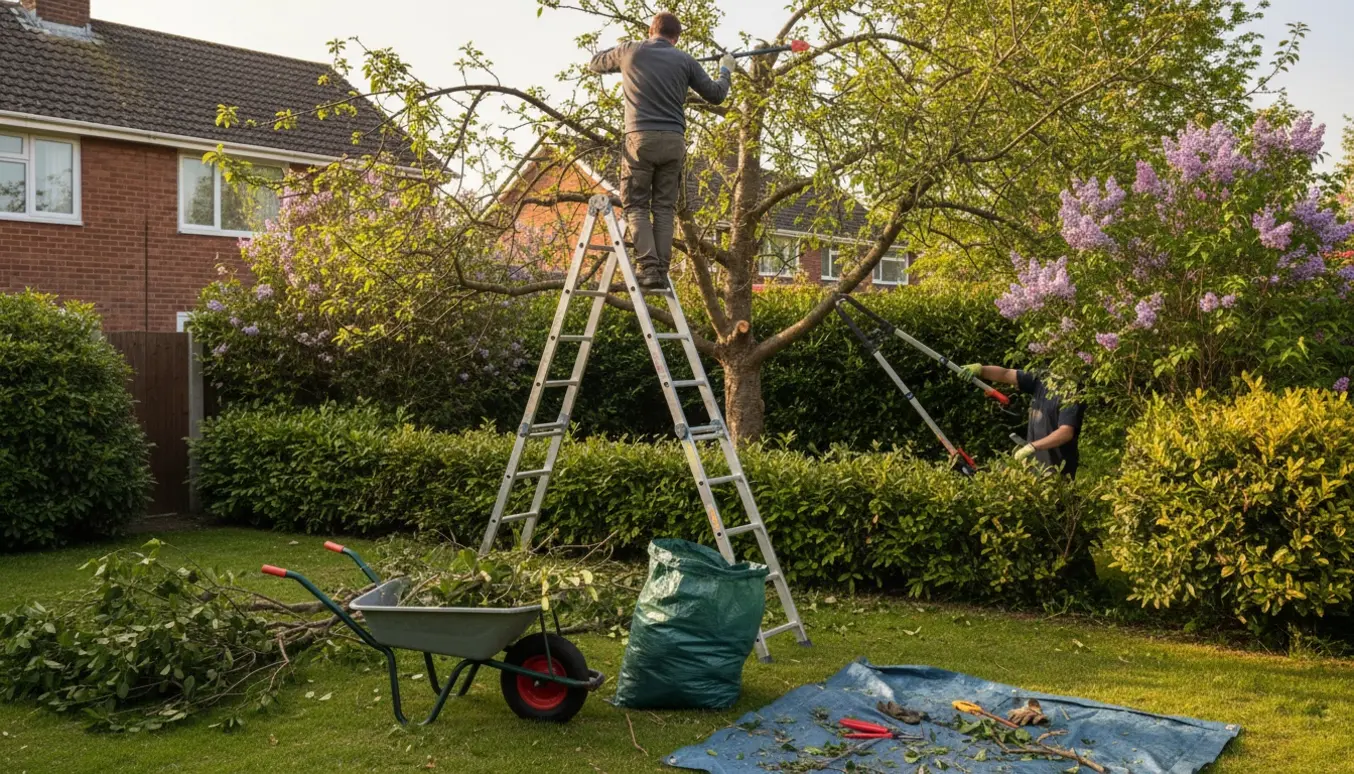 Beskæring af en høj kornel og reduktion af laurbærhæk med opsamling af grønt affald i en have.