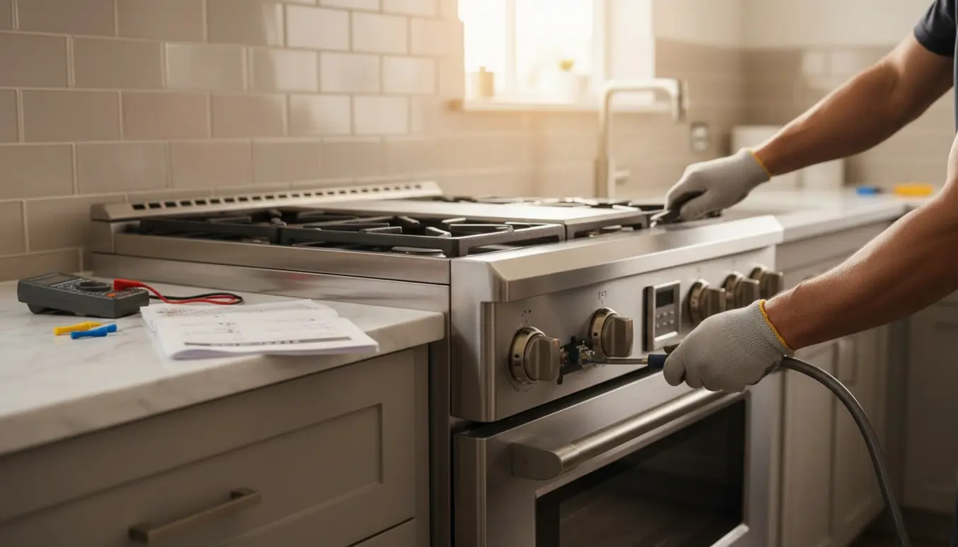Hænder tilslutter et komfur i et moderne køkken med værktøj og multimeter på bordet.