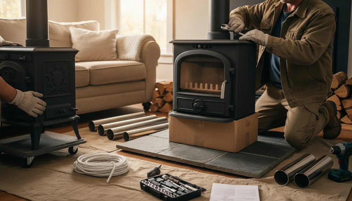 Montage af ny brændeovn i stue med montørhænder, værktøj og den gamle ovn klar til bortskafning.