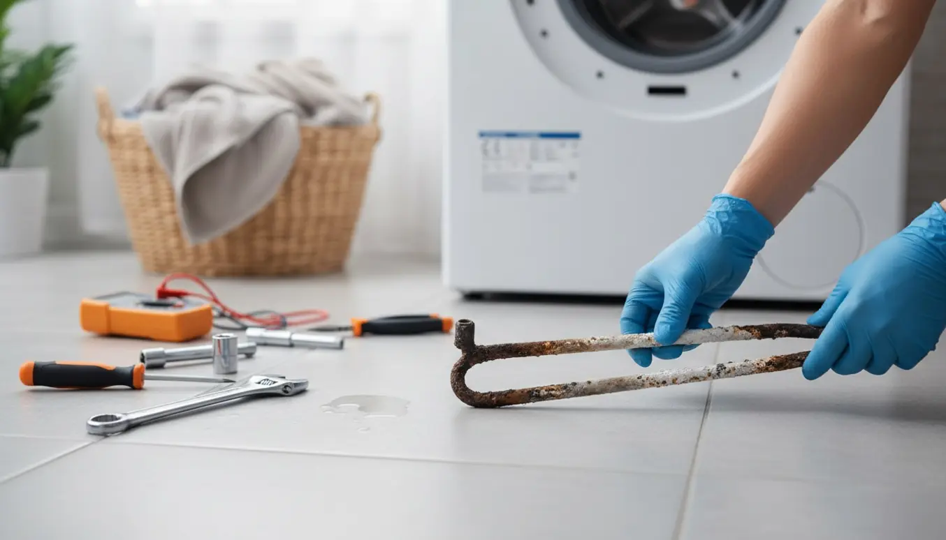 Et korroderet varmelegeme ligger foran en åben vaskemaskine med værktøj klar til reparation.