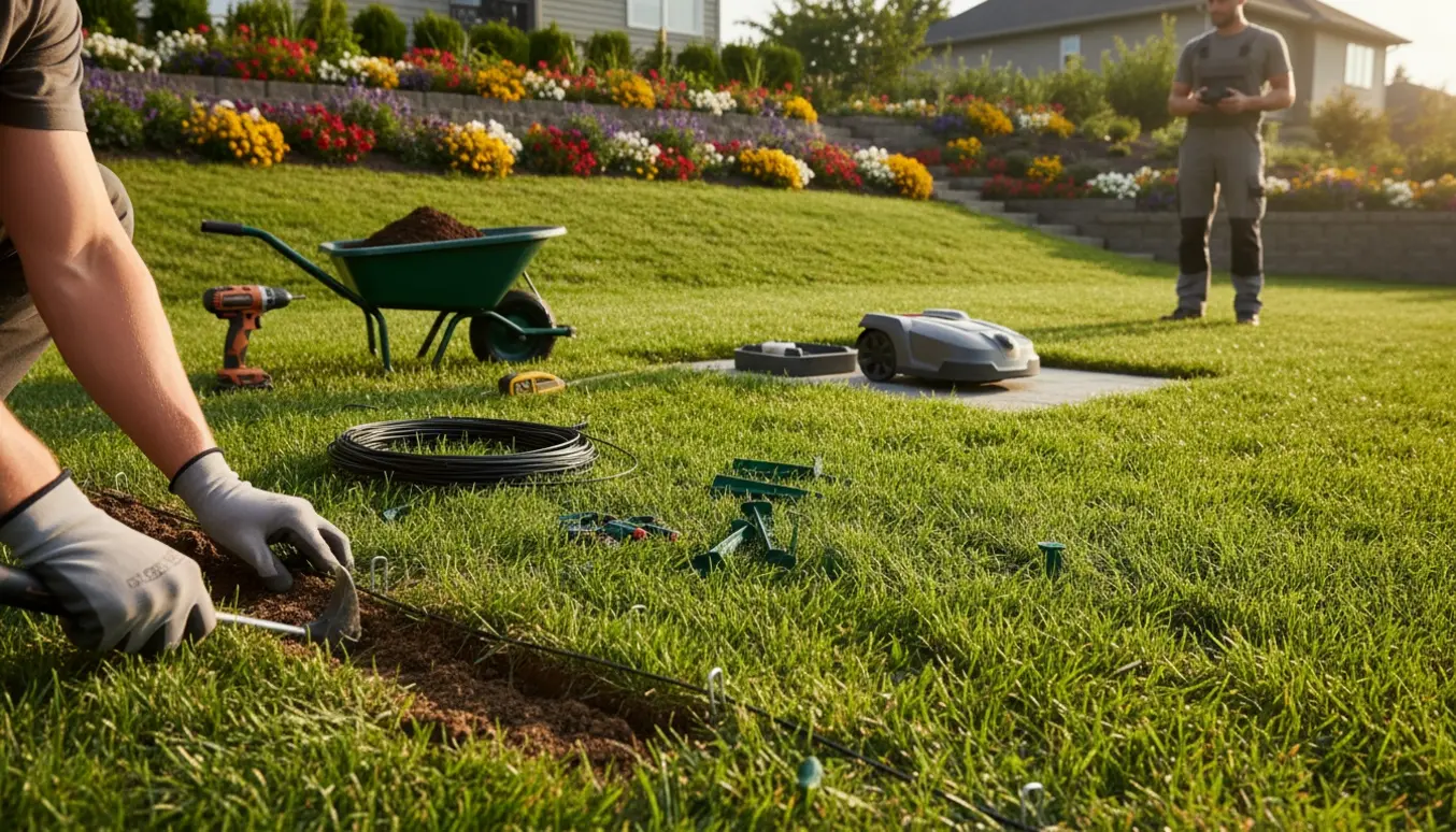 Tekniker nedlægger kantsnor ved en robotplæneklipper på en skrånende græsplæne med flere bede.