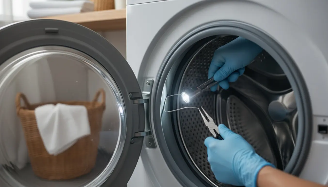 Hænder fjerner en BH-bøjle, der sidder fast mellem tromle og gummipakning i en vaskemaskine.