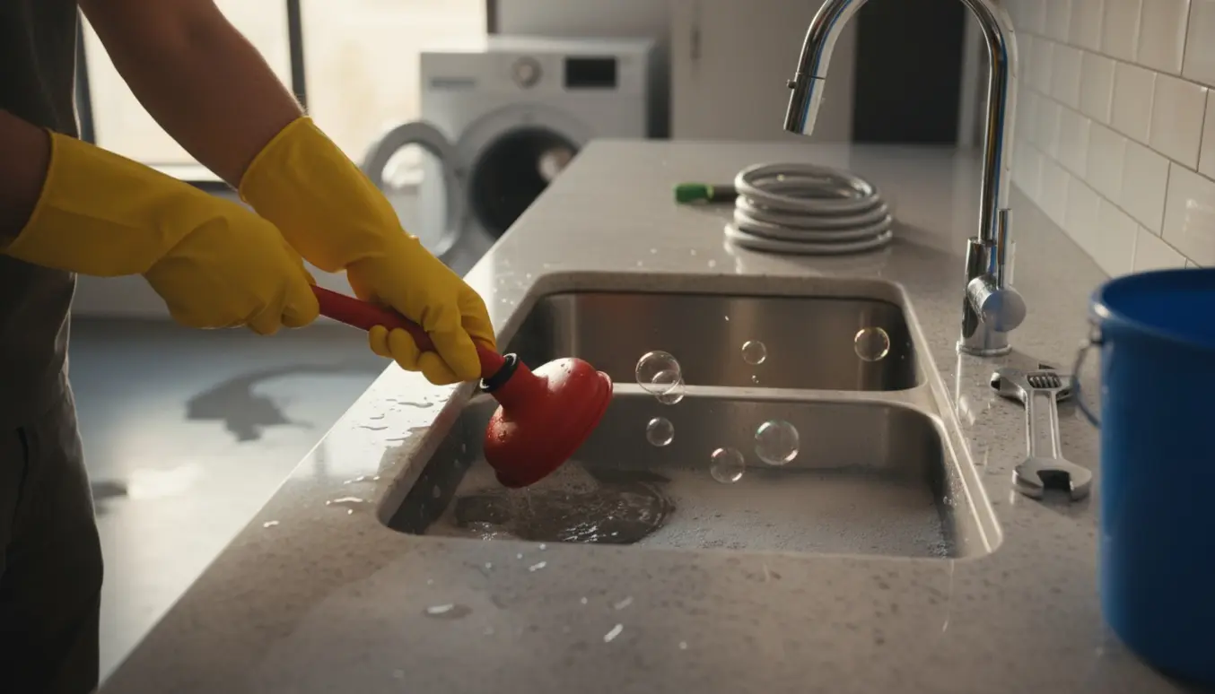 Hænder i gummihandsker bruger en svupper i et fyldt køkkenvask med en vaskemaskine i baggrunden.