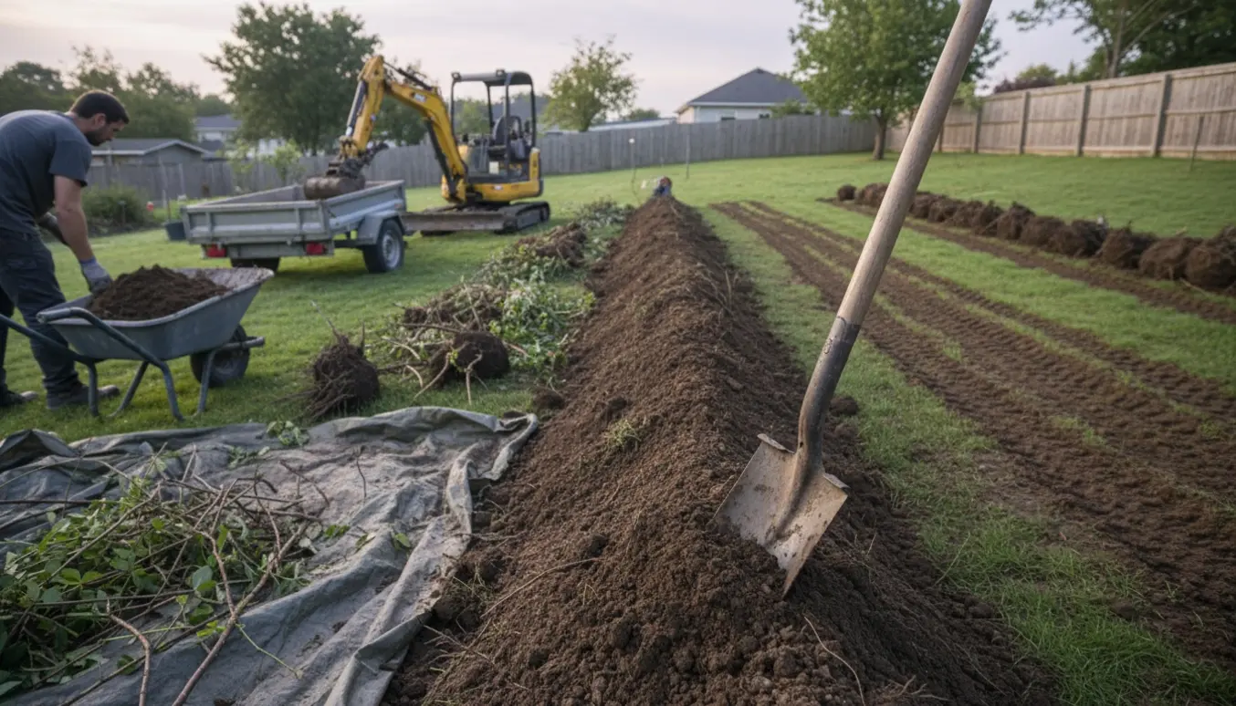 Jord flyttes fra en lang jordvold i haven med skovl, trillebør og minigraver, mens jorden fordeles på en skråning.