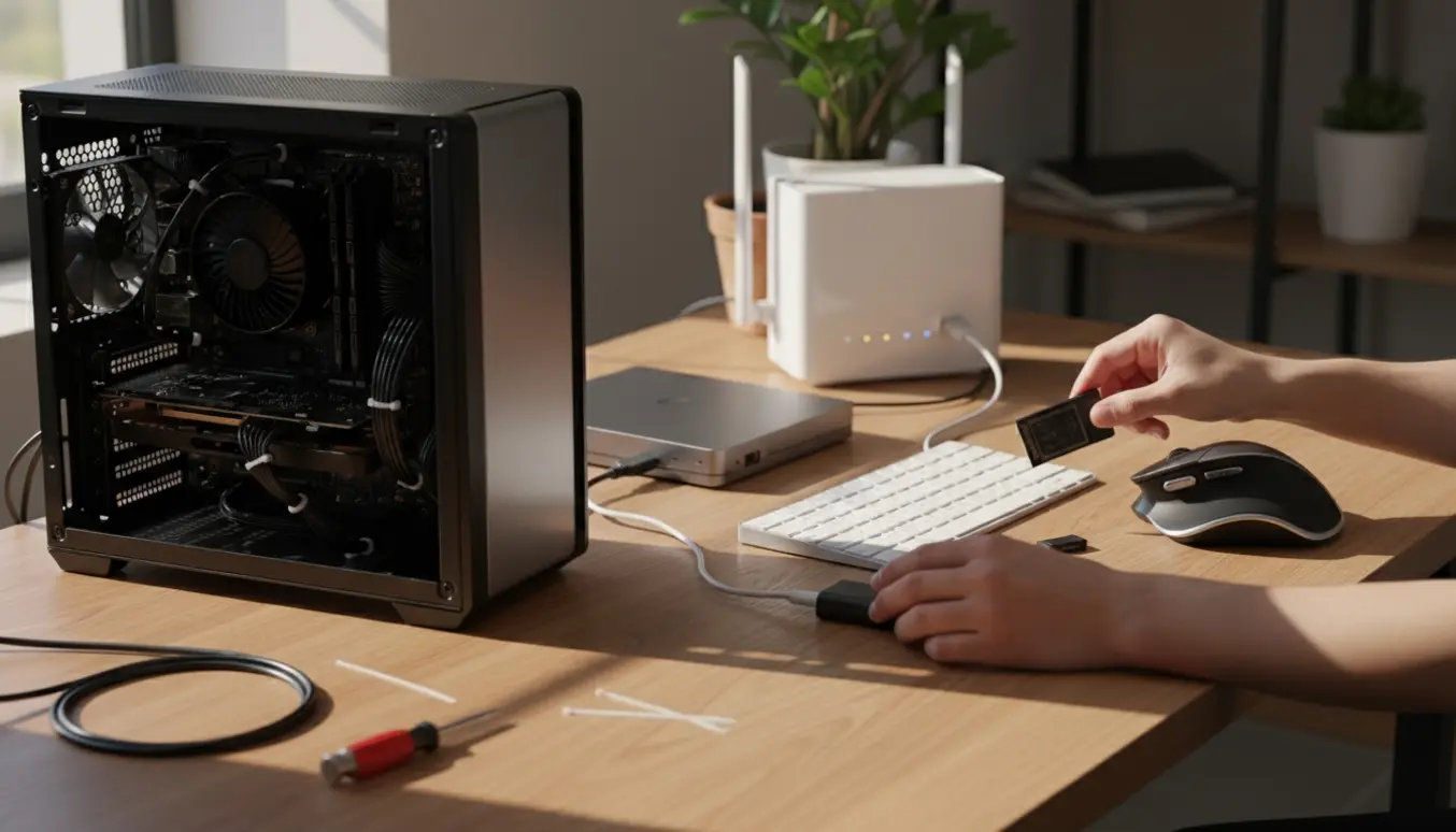 Åben pc-kabinet på skrivebord med trådløs mus og tastatur og ekstern harddisk til filoverførsel.