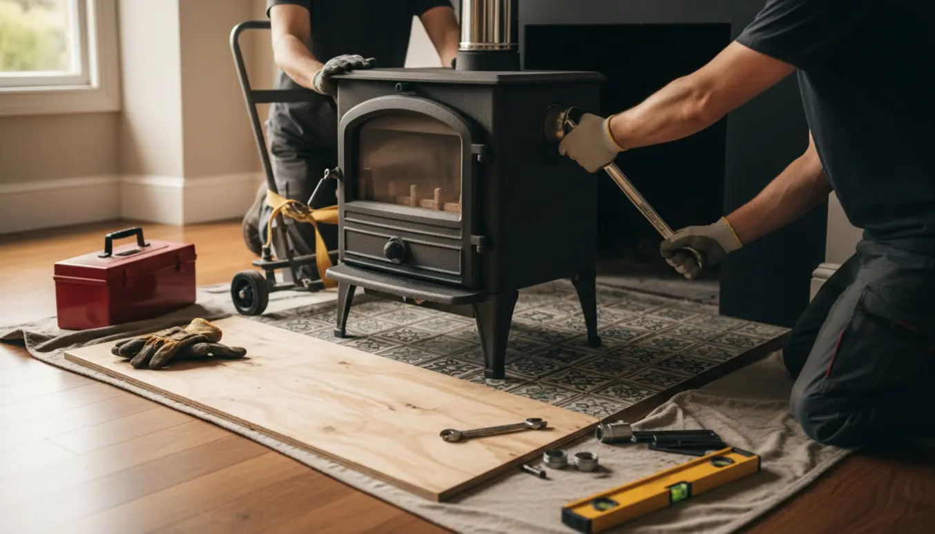 To håndværkere monterer en tung brændeovn i en stue ved pejseåbningen, kun hænder og kroppe er synlige.
