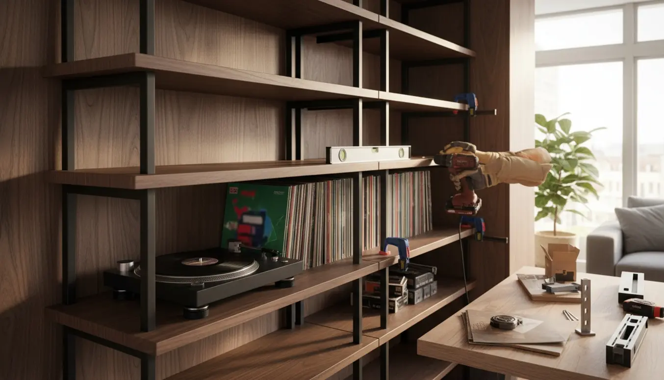 Indbygget træreol til vinyler og pladespiller under montering i et lyst, moderne rum.