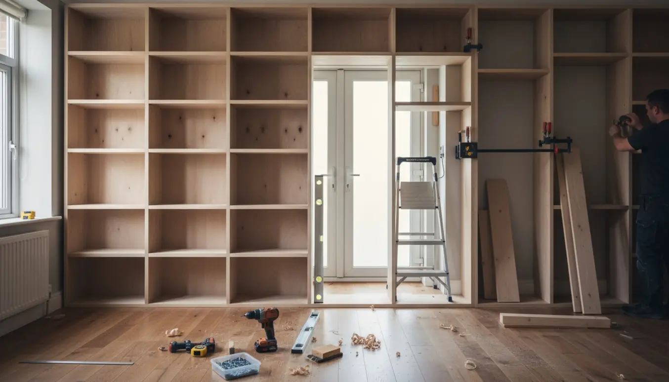Håndværker monterer en gulv-til-loft hyldevæg omkring en dobbelt fransk dør i et lyst rum.