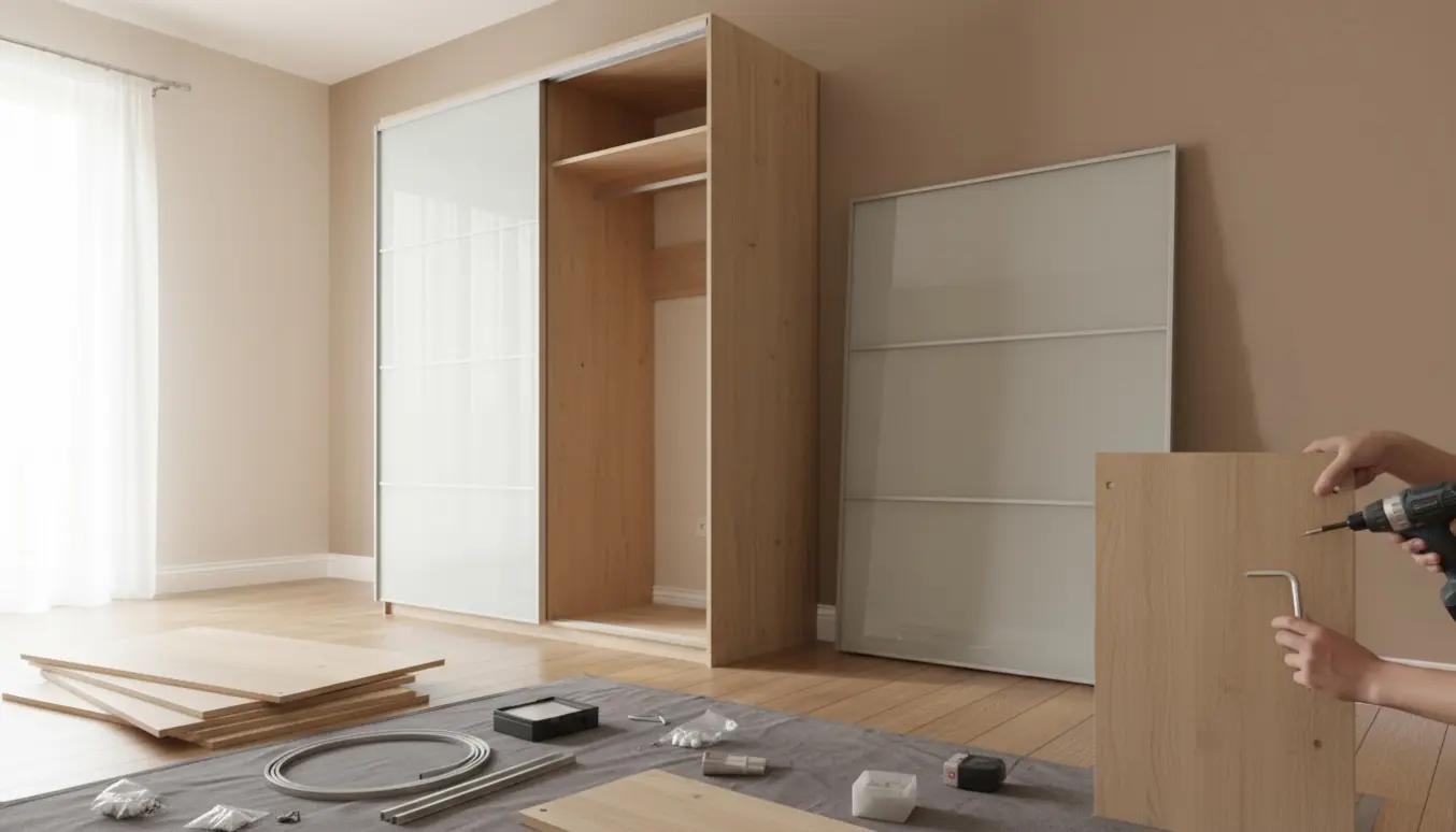 Delvist samlet fladpakket garderobeskab med skydedøre og værktøj på gulvet.