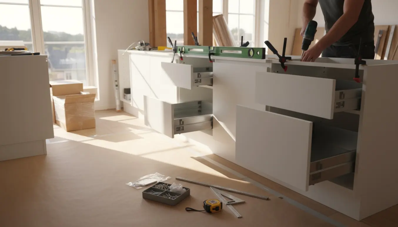Hænder monterer moderne skandinaviske køkkenskabe med boremaskine og vaterpas i et lyst renoveringskøkken.