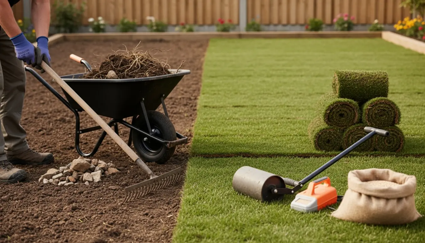 Forberedt haveområde med løs jord og delvist udrullet rullegræs, redskaber i forgrunden.