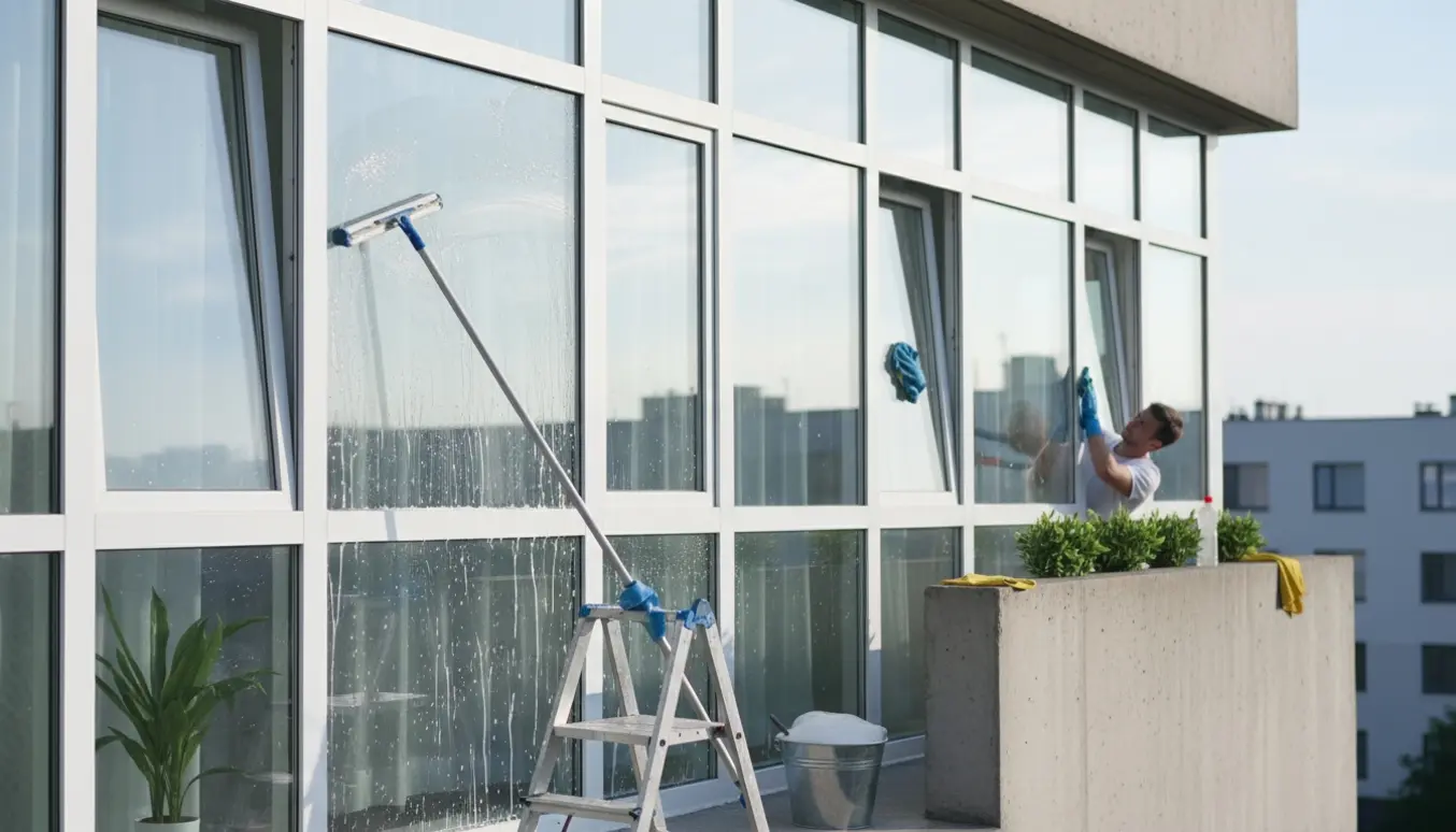 Vinduespudser renser lejlighedsvindue fra altanen med gummiskraber og spand, ingen ansigter synlige.